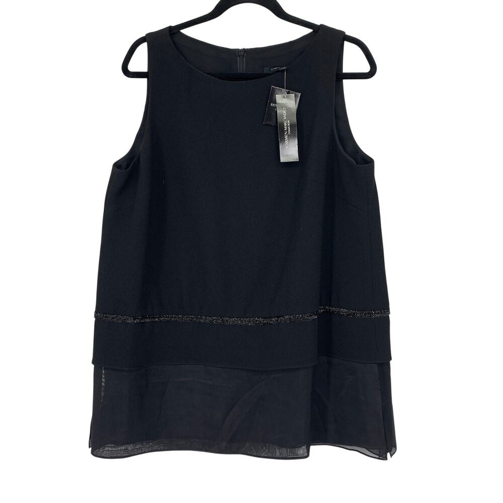 Carmen Marc Valvo Sleeveless Crepe Blouse Womens Sz XL Black Beaded Sheer Trim